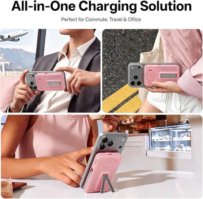 Q Magnetic Wireless Portable Charger 10,000mAh, Travel Essentials Power Bank with Built-in Cables & Foldable Stand, External Battery Pack Compatible with iPhone 17/16/15/14/13/12, Apple Watch