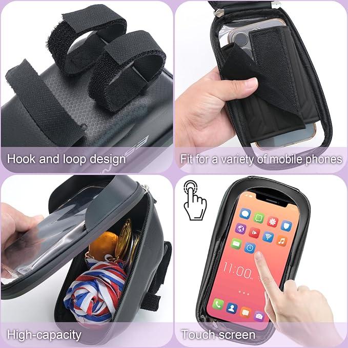 Bike Phone Holder, Bicycle Front Frame Handlebar Bag EVA Hard Shell Waterproof Bike Accessories with Touch-Screen and Rain Cover for Phones under 6.9''