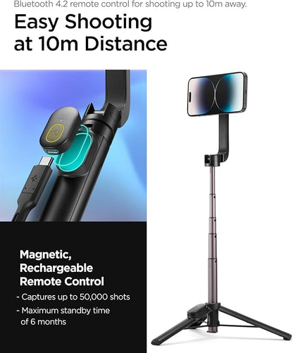 Spigen Selfie Stick Tripod Stand with Bluetooth Remote Control Shutter 24" Extendable Compatible with MagSafe iPhone 17/16/15/14/13/12 Pixelsnap Pixel 10 Series & More - Black (S570W)