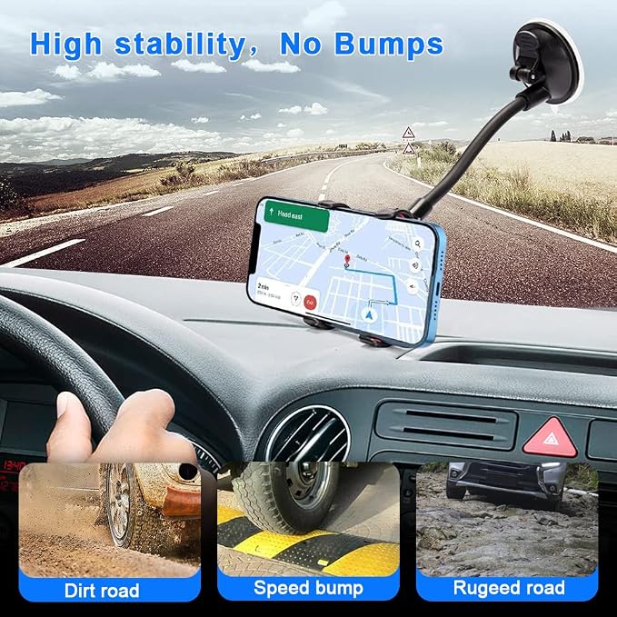 Phone Holders for Your Car: Windshield Phone Mount with Long Arm, 360° Rotation Strong Suction Cell Phone Car Mount, Anti-Shake Stabilizer for iPhone, Samsung, All Smartphones