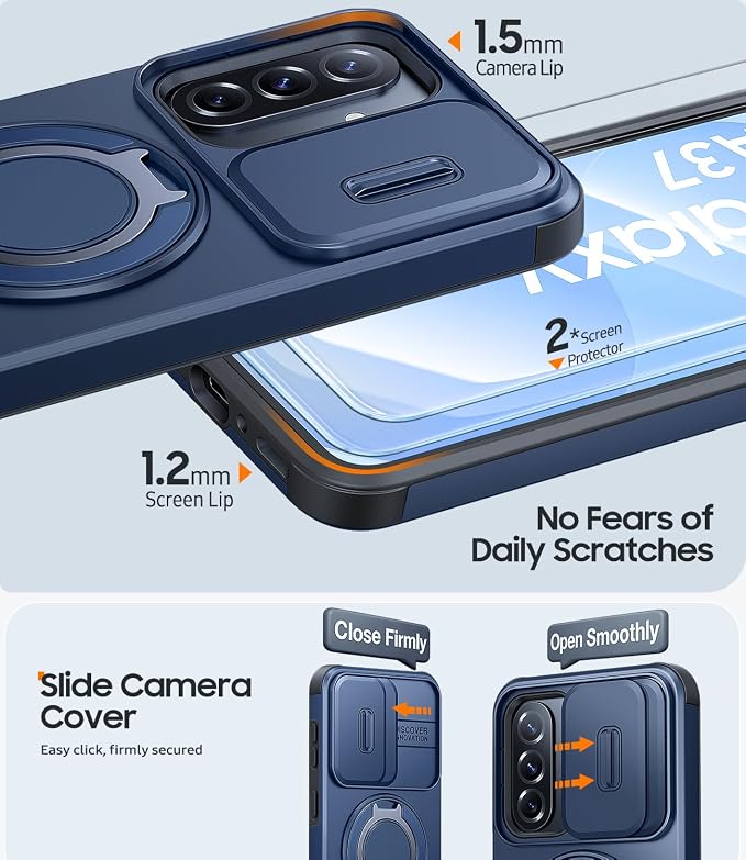 JAME for Samsung Galaxy A37/A36/A56 5G Case, Ring Holder Stand Kickstand, Slide Camera Cover, 2 Screen Protectors, Dual-Layer Shockproof Protective, Magnetic Accessory Friendly Phone Case, Blue