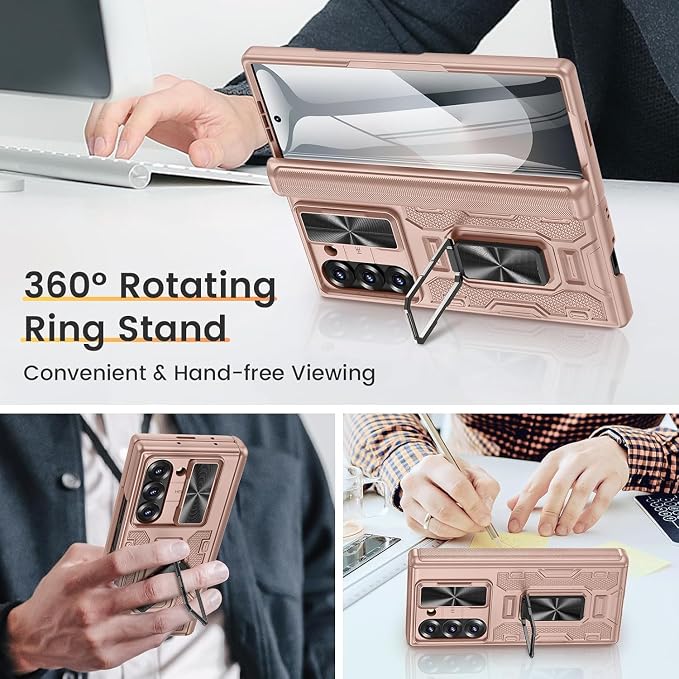 VEGO for Galaxy Z Fold 6 Case with Hinge Protection & Screen Protector | Built-in Slide Lens Cover & 360° Rotating Kickstand] Hard PC Full-Body Drop Protection Phone Case for Samsung Z Fold 6 -Gold