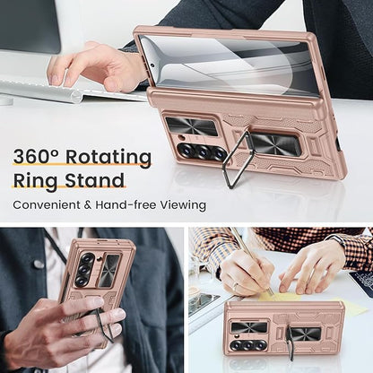 VEGO for Galaxy Z Fold 6 Case with Hinge Protection & Screen Protector | Built-in Slide Lens Cover & 360° Rotating Kickstand] Hard PC Full-Body Drop Protection Phone Case for Samsung Z Fold 6 -Gold