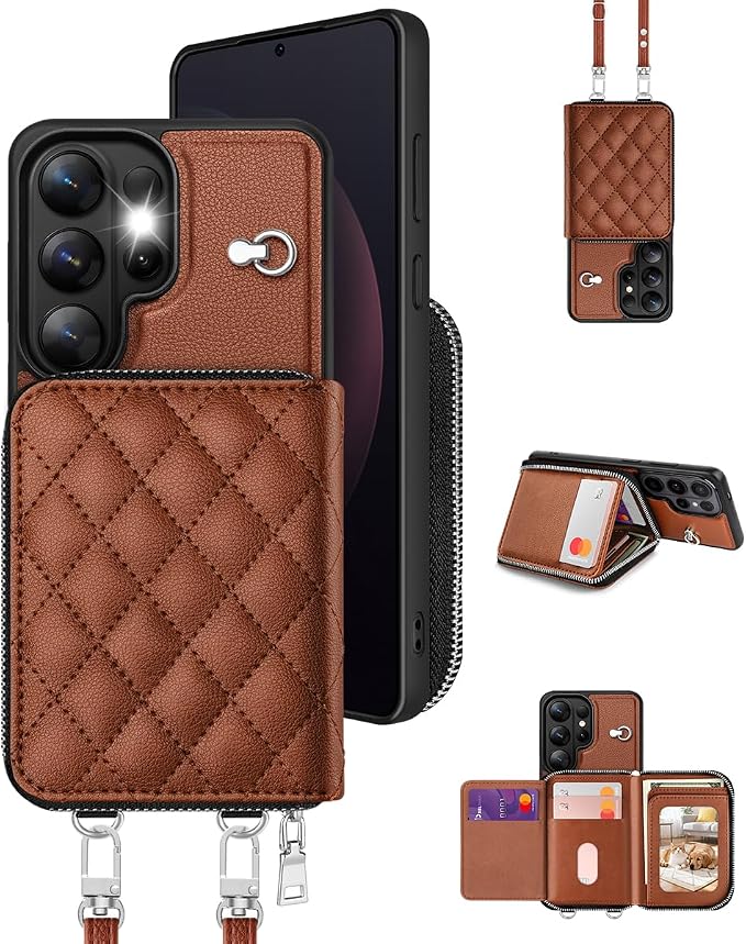 OCASE Compatible with Samsung Galaxy S26 Ultra Crossbody Wallet Case with Card Holder, PU Leather Zipper Handbag Phone Purse with RFID Blocking Kickstand Wrist Strap Lanyard, Brown