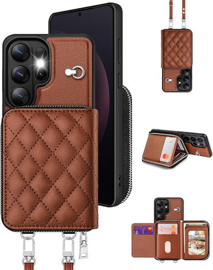 OCASE Compatible with Samsung Galaxy S26 Ultra Crossbody Wallet Case with Card Holder, PU Leather Zipper Handbag Phone Purse with RFID Blocking Kickstand Wrist Strap Lanyard, Brown
