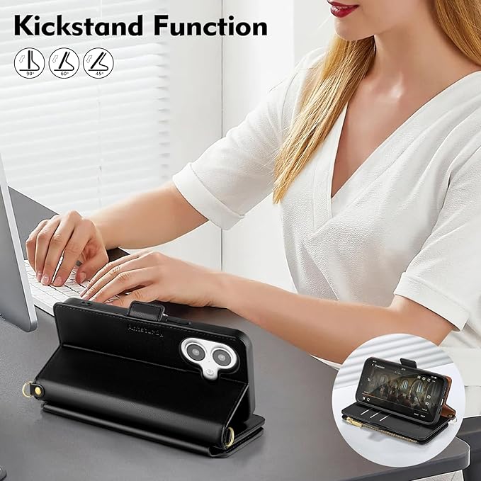 Antsturdy Compatible with iPhone 16 Plus Wallet Case for Women【RFID Blocking】 Crossbody Phone Case PU Leather Zipper with Wrist Strap Flip Cover Credit Card Holder for Apple 16 Plus 6.7",Black