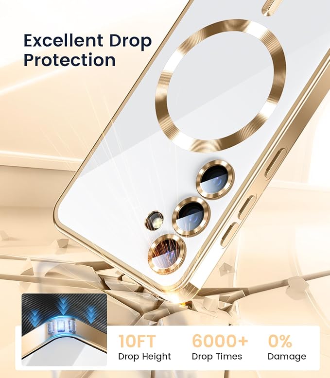 Slim Thin for Samsung Galaxy S25 Plus Clear Case, Compatible with MagSafe, Built-in Camera Lens Protector, Shockproof Protective Phone Case, Electroplated Bumper Cover, Gold