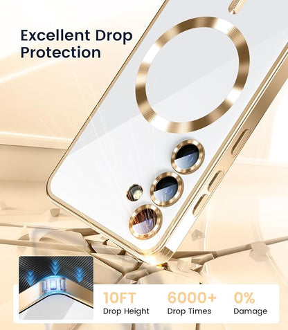 Slim Thin for Samsung Galaxy S25 Plus Clear Case, Compatible with MagSafe, Built-in Camera Lens Protector, Shockproof Protective Phone Case, Electroplated Bumper Cover, Gold