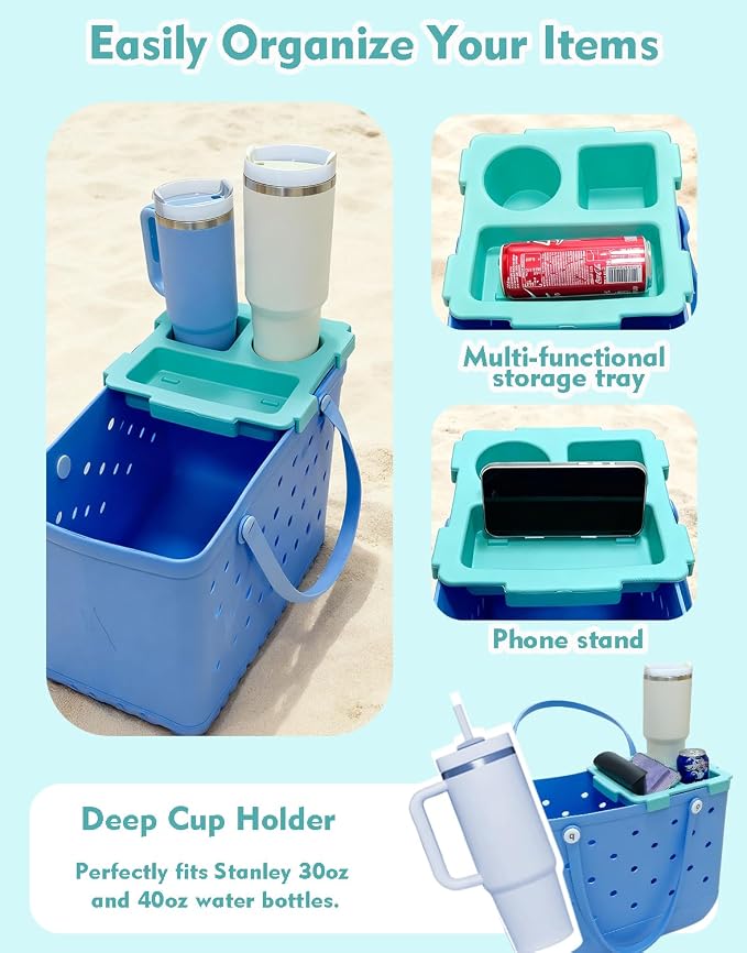 Top Cup Phone Holder Tray Storage Lid for Stanley Compatible with Bogg Bag XL Cover, Cup Organizer Holder Waterproof Silicone Multifunctional Storage Box for Outdoor Beath Camping Travel (Green, L)