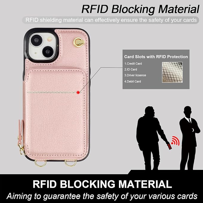 Bocasal Crossbody Wallet Case for iPhone 15, RFID Blocking Leather Purse Case with Card Holder, Protective Handbag Flip Cover with Zipper Wrist Strap Lanyard for Women 5G 6.1 Inch (Rose Gold)