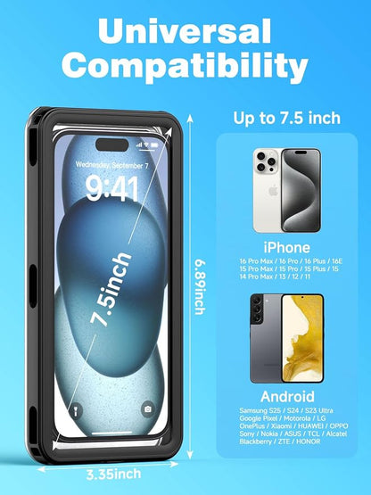 APRUT Waterproof Phone Pouch Case 7.5", 2025 Upgraded IPX8 Waterproof Phone Case for Snorkeling, Universal Fit for iPhone 16 Pro Max 15 14 13, Galaxy S25, Beach Vacation Essentials (Black)