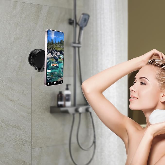Shower Phone Holder, Reusable Vacuum Suction Cup Phone Mount for Magsafe, Magnetic Wall Mount for Shower Mirror Window Bathroom Car for Magsafe Phone Holder Compatible with iPhone 17 16 15 14 13 12