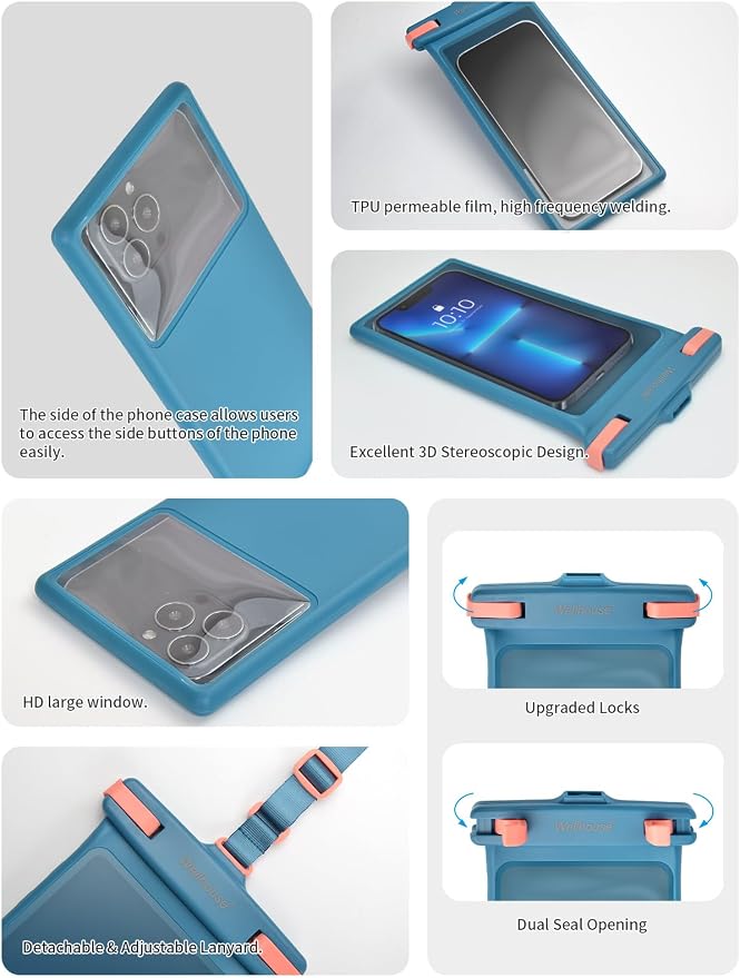 wellhouse Waterproof Phone Pouch, Waterproof Phone Case for iPhone 17 16 15 14 13 Pro Max XS Samsung, IPX8 3D Cellphone Dry Bag Beach Essentials (1 Pack - Blue8.0, 8 inch)