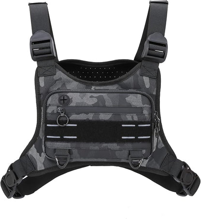 Muserise Sports Chest Bag For Men Women, Water Resistant Lightweight Front Chest Pack, Running Vest Bag With Built-In Phone Holder & Extra Storage For Workouts, Running, Cycling (Camo)