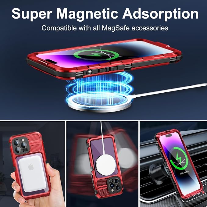 WIFORT for iPhone 14 Pro Max Waterproof Case - Metal Shockproof Phone Case Built-in Screen Protector [IP68 Water Proof][14FT Military Grade ], Heavy Duty Full Body Drop Protection Cover, 6.7" Red