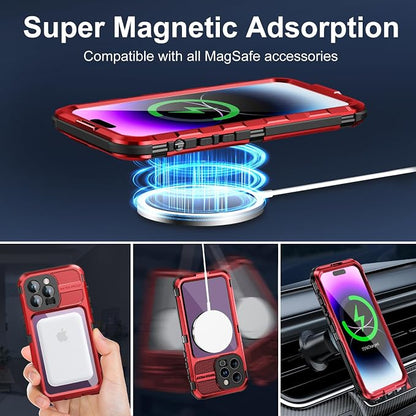 WIFORT for iPhone 14 Pro Max Waterproof Case - Metal Shockproof Phone Case Built-in Screen Protector [IP68 Water Proof][14FT Military Grade ], Heavy Duty Full Body Drop Protection Cover, 6.7" Red