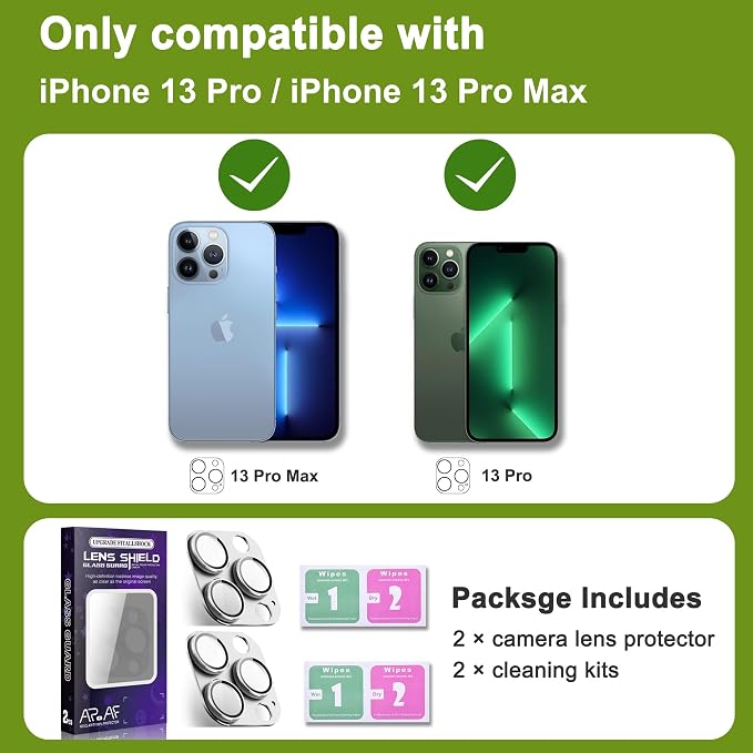 2-Pack Shatterproof Camera Lens Protector for iPhone 13 Pro/13 Pro Max |AR Tempered Glass Strong Adsorption Metal Camera Cover Screen(Silvery)