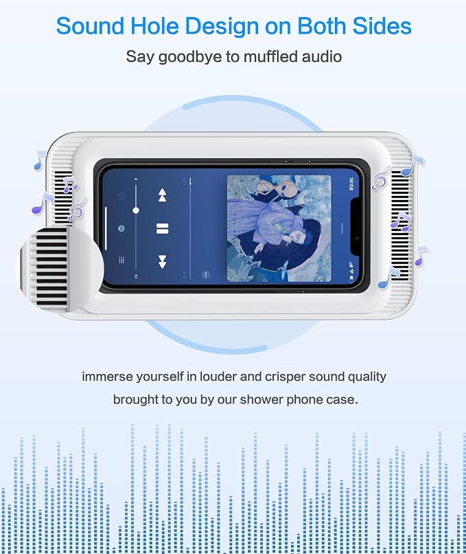 Waterproof Shower Phone Holder with 480° Rotation and Angle Adjustable, Enhanced Sound Quality, Fits Phones up to 7 Inches（White）