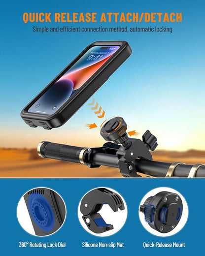 Waterproof Motorcycle Phone Mount, Bike Phone Holder, [No Block Camera] [Quick Install] Secure Bicycle Scooter ATV Handlebar Clamp Clip, Adjustable Fit 4.7-6.9" Cell Phones