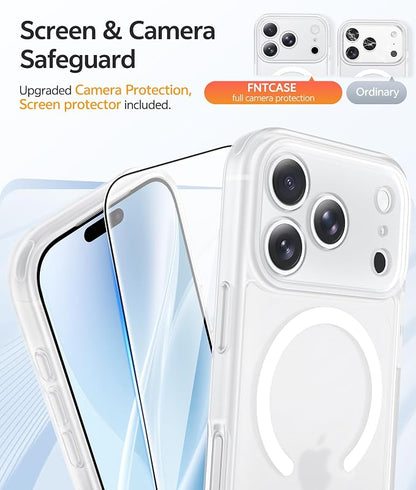 FNTCASE for iPhone 17 Pro Max Case: [Compatible with Magsafe] Translucent Matte Cases with [Full Camera Protection] [Screen Protector] Military Grade Shockproof Protective Phone Cover - White