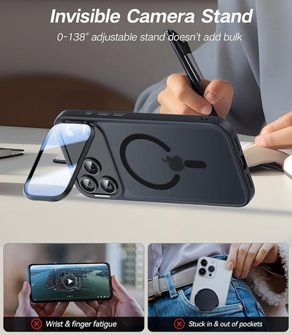 [Upgraded Full Camera Protection] for iPhone 17 Pro Case with Camera Cover Stand [Fit for MagSafe][10FT Mil-Grade Protection] Translucent Magnetic iPhone 17 Pro Phone Case, Black