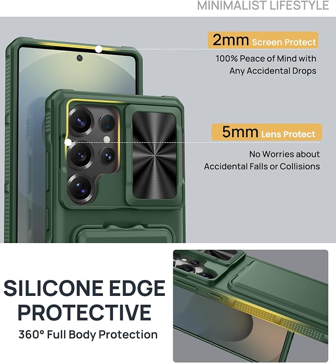 SSLOTSCASE for Samsung Galaxy S25 Ultra Case with Card Holder & Camera Cover Stand & Slide Lens Cover, Multifunctional Rugged Wallet Phone Case Cover for Galaxy S25 Ultra 6.9'', Green