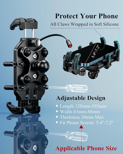 BRCOVAN Motorcycle Phone Mount Holder with Qi 15W Wireless Charger & 30W PD/USB-C Fast Charging Port, Anti-Theft Handlebar Cellphone Cradle with Vibration Dampener, Adjustable for 5.4-7.2'' Smartphone