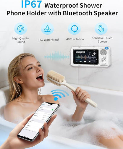 in Shower Phone Holder Waterproof Bathroom Phone Case for Shower Speaker Landline Vintage with Speakers Buddy Under Water Proof Play Soeaker Suction Cup Mount Wall with Lights Mobile Scroller