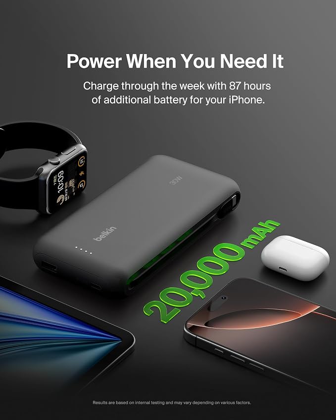 Belkin Power Bank with Integrated Cable, Fast Charging USB-C, 20000 mAh 30W, Portable Charger Power Bank USB C for iPhone 17, Air, Pro, Pro Max, iPad, AirPods, Apple Watch, Galaxy S25, & More - Black