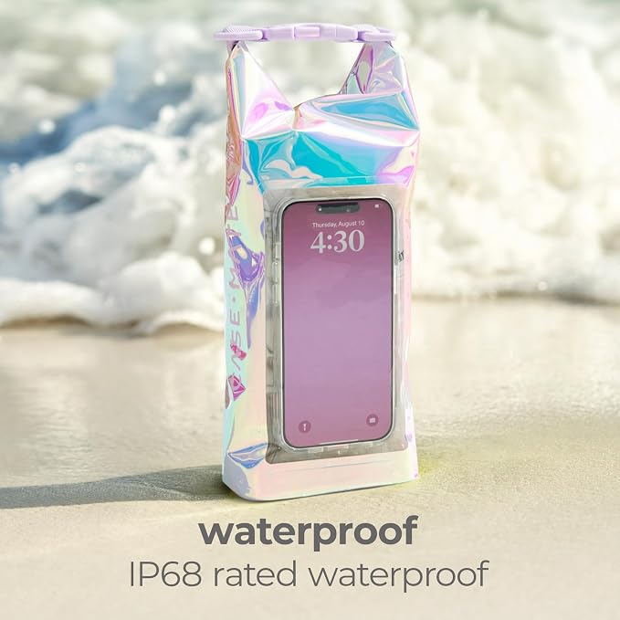 Case-Mate Soap Bubble Mini IP68 Waterproof Bucket Bag - Roll Top Dry Bag 2L Cap with Waterproof Pouch for Swimming Kayaking Boating Travel and More - for Phones Up to 7" - Iridescent