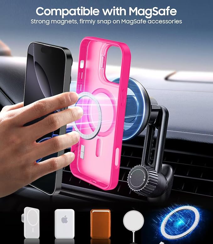 for iPhone 16 Pro Max Case, Compatible with MagSafe, Built-in Camera Ring Stand, with Individual Camera Cover, Translucent Matte Military-Grade Drop Protection Magnetic Case, Hot Pink