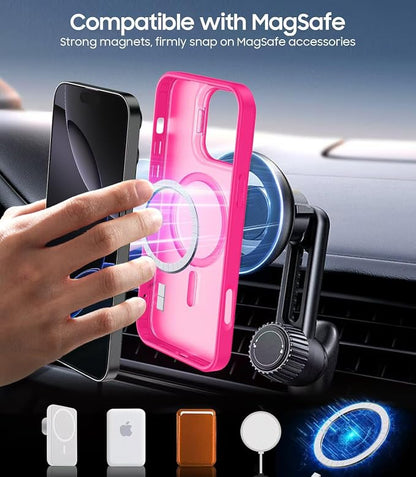 for iPhone 16 Pro Max Case, Compatible with MagSafe, Built-in Camera Ring Stand, with Individual Camera Cover, Translucent Matte Military-Grade Drop Protection Magnetic Case, Hot Pink