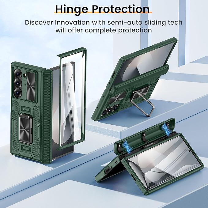 VEGO for Z Fold 6 Case with Hinge Protection & Screen Protector | Built-in 360° Magnetic Kickstand, Slide Camera Cover, Full Body Protective Case for Samsung Fold 6 - Green