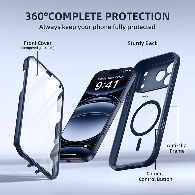 BERFY for iPhone 17 Pro Case, Compatible with MagSafe, Built-in Glass Screen Protector, Camera Protection, Shockproof Full Body Phone case 6.3", Clear Deep Blue