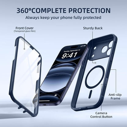 BERFY for iPhone 17 Pro Case, Compatible with MagSafe, Built-in Glass Screen Protector, Camera Protection, Shockproof Full Body Phone case 6.3", Clear Deep Blue