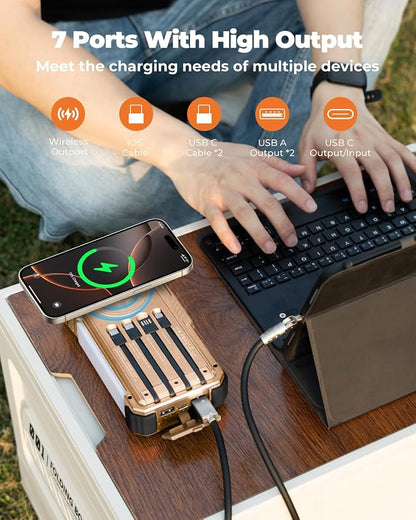 BLAVOR Solar Power Bank with Hand Crank and 4 Cables, 20000mAh Wireless Portable Charger with USB C & Camping Light, 20W Fast Charging Battery Pack for iPhone, iPad, Samsung, All Mobile Phones