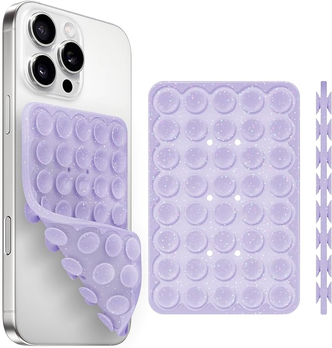 Silicone Suction Cup Phone Case Mount Double Sided, Phone Accessories Hands-Free Strong Grip Holder for Selfies and Videos (Lavender Glitter)