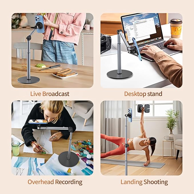 yAyusi Heavy Duty Aluminum Magnetic Overhead Tripod for iPhone, 13.7 in Long Overhead Phone Mount, Flexible Articulating Arm Phone Mount for Desk for Live Streaming, Meeting, Cooking