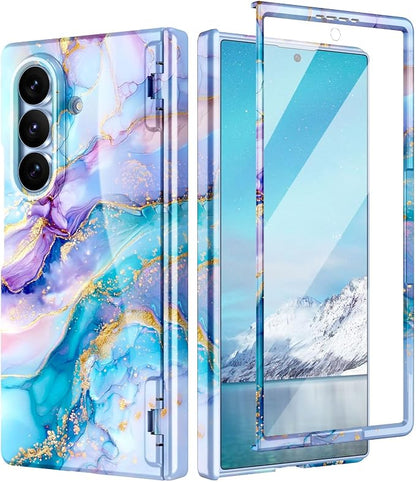 Btscase for Samsung Galaxy Z Fold 8 Ultra Case,Built in Front Screen Protector,[Compatible with MagSafe] Marble Hard PC Slim Shockproof Full Body Drop Protective Case for Z Fold 8 Ultra, Blue Gold