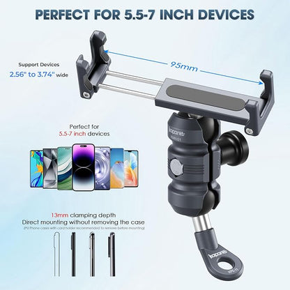 Motorcycle Phone Clip Kit, for 8-10mm Screw/Mirror Install, Anti-Theft Double Socket Arm/25mm Ball Top and Base, Suitable for Width of 2.56-3.74" Phone (KPS-04)