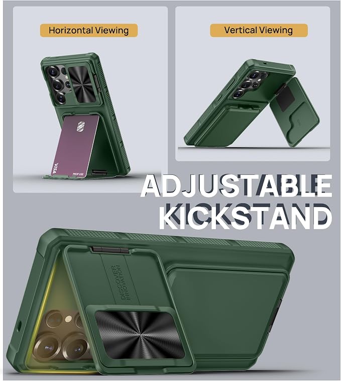 SSLOTSCASE for Samsung Galaxy S25 Ultra Case with Card Holder & Camera Cover Stand & Slide Lens Cover, Multifunctional Rugged Wallet Phone Case Cover for Galaxy S25 Ultra 6.9'', Green
