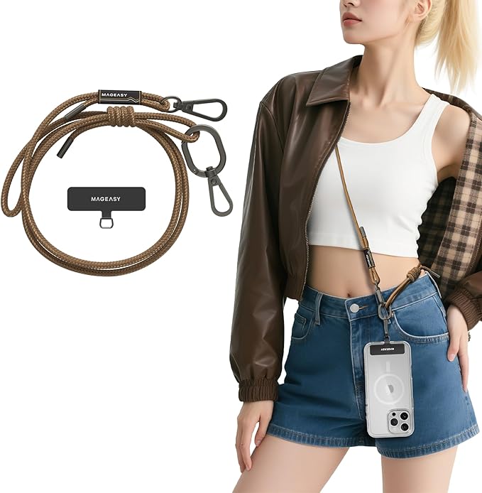 MAGEASY Universal Cell Phone Lanyard - Anti-Theft Rope Crossbody Phone Strap for iPhone 17 Pro Max & Most Smartphones, for Men & Women | 6mm Khaki