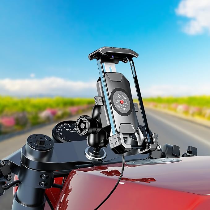iMESTOU Motorcycle Fork Stem Phone Mount Wireless/USB C Charger with RAM 1" Ball Fits for Kawasaki, Ducati, Honda, BMW etc. with Fork Hole Dia. 0.47"-1" Quick Charge for 4.0"-6.8" Smartphones