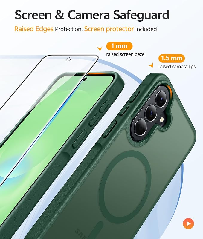 FNTCASE for Galaxy A37/A36 5G Phone Case, Fit for Magsafe, Screen Protector | Translucent Matte Magnetic Back, 14FT Military Grade Drop Protection, Shockproof Protective, for Samsung A37 Cover, Green