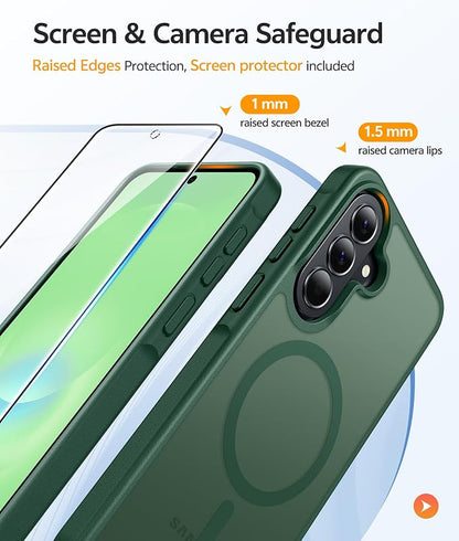FNTCASE for Galaxy A37/A36 5G Phone Case, Fit for Magsafe, Screen Protector | Translucent Matte Magnetic Back, 14FT Military Grade Drop Protection, Shockproof Protective, for Samsung A37 Cover, Green
