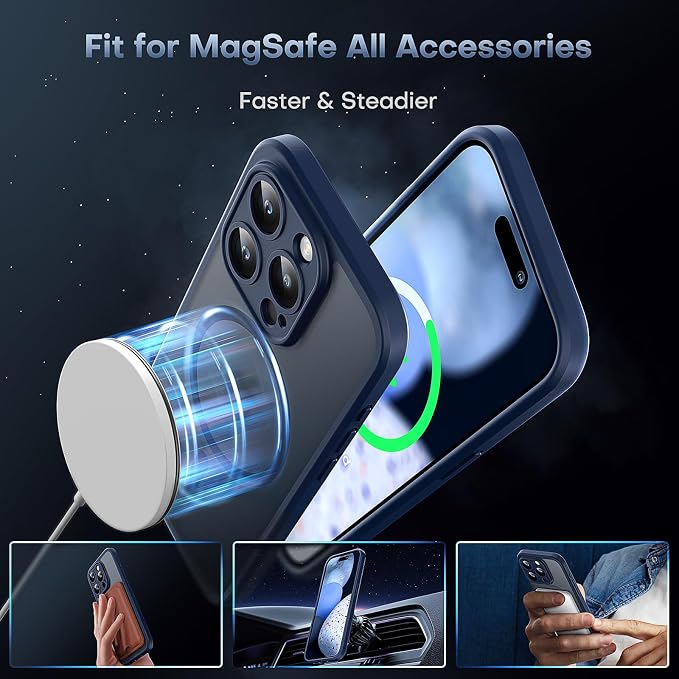 TOCOL Magnetic for iPhone 15 Pro Case, Upgraded Full Camera Protection, Compatible with Magsafe, Drop Protection, Translucent Matte Back Phone Cover 6.1-Inch (Dark Blue)