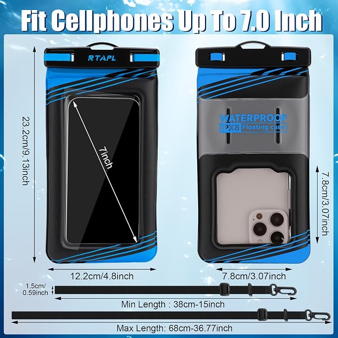 Floating Waterproof Phone Pouch 2 Pack - IPX8 Waterproof Phone Case with Lanyard, Universal Protector for iPhone 17/16/15/14/13 Pro Max Plus & Galaxy S25/S24, Blue
