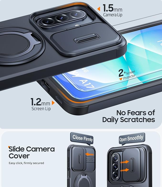 JAME for Samsung Galaxy A17/A16 5G Case, Ring Holder Stand, Slide Camera Cover, 2 Pack Screen Protectors, Dual-Layer Shockproof Protective, Magnetic Accessory Friendly Galaxy A16/A17 4G Case, Black