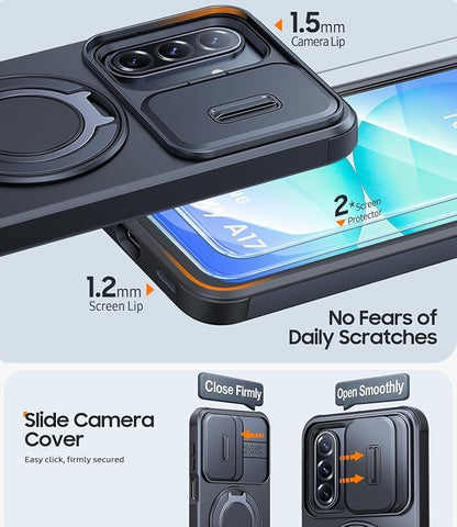 JAME for Samsung Galaxy A17/A16 5G Case, Ring Holder Stand, Slide Camera Cover, 2 Pack Screen Protectors, Dual-Layer Shockproof Protective, Magnetic Accessory Friendly Galaxy A16/A17 4G Case, Black