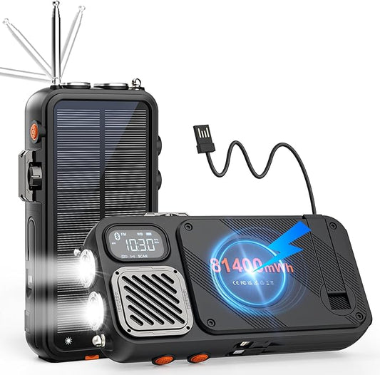 Emergency Radio&22000mAh Solar Power Bank, FM NOAA Weather Radio, Portable Hand Crank Bluetooth Radio, 20W Fast Charge Wireless Phone Charger, SOS Flashlight for Emergency/Home (Orange)